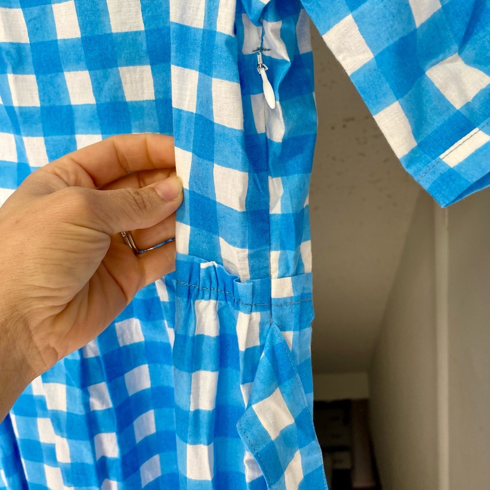 SOLD SZ Blockprints Tuckernuck Divya Cotton Midi Puff Sleeve Dress Gingham Blue - Picture 13 of 14